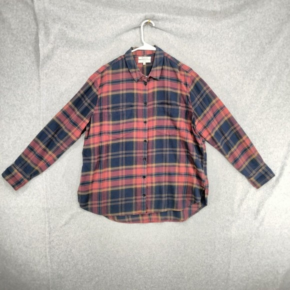 Madewell Button Down Shirt Womens Size L Red Blue Plaid Long Sleeve - Picture 1 of 11